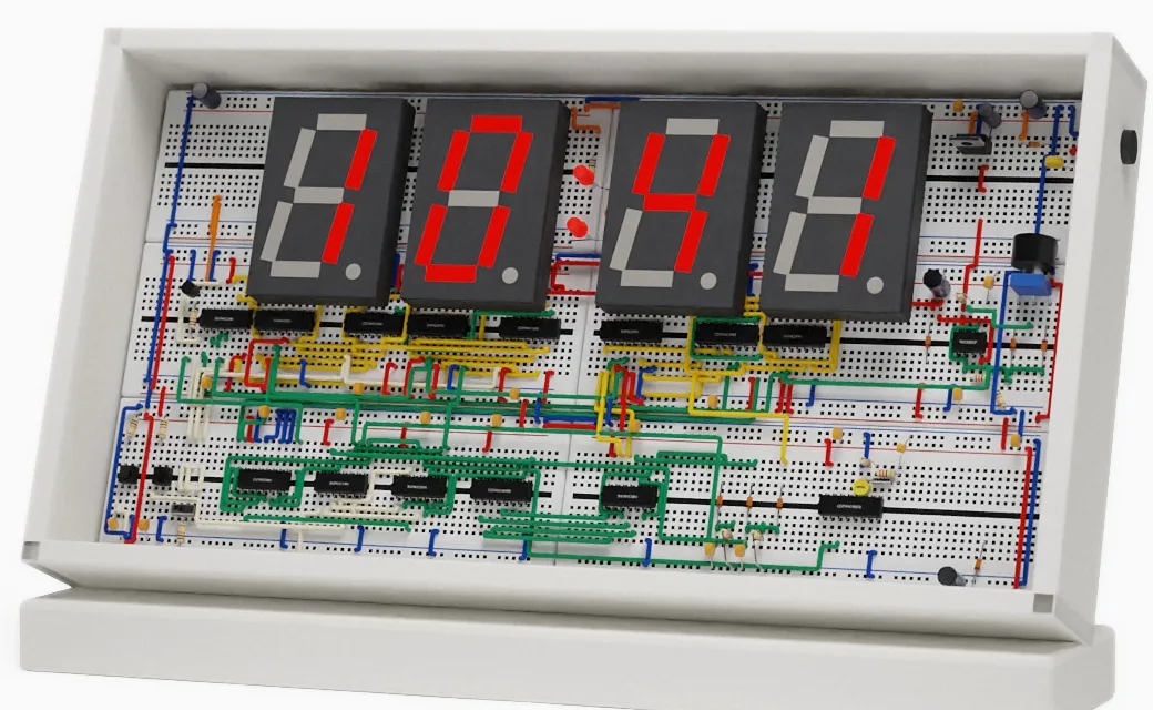 CAD render of the Logic Frame clock: a white frame on a stand holding six breadboards, four large red seven-segment digits reading 10:41, and rows of 74-series chips with colored jumper wires underneath