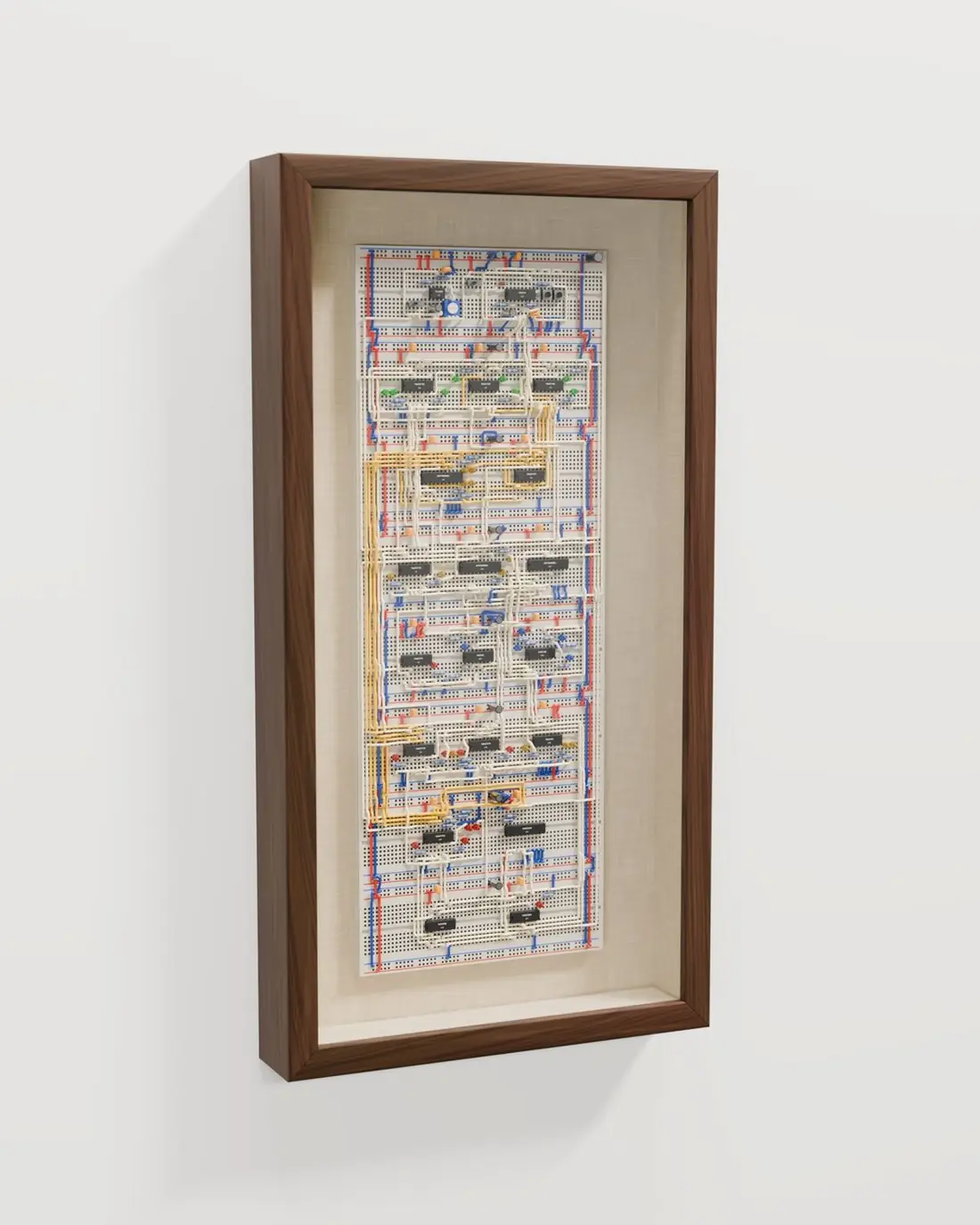 Render of the Working Edition design: eight breadboards in a tall walnut shadow box