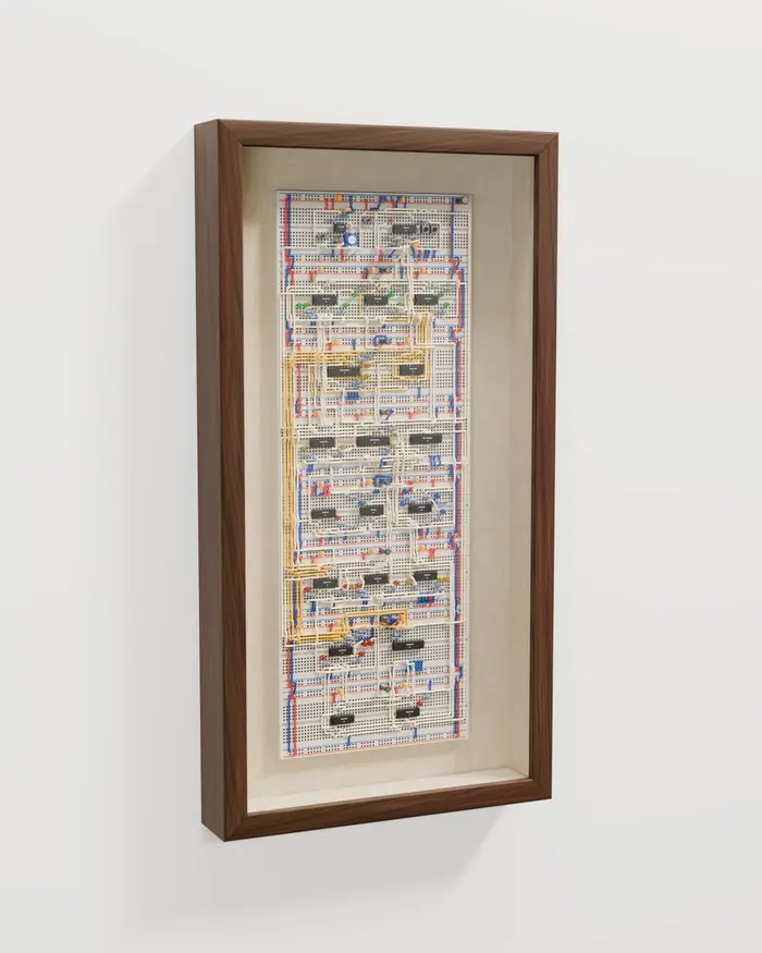 Render of the Working Edition design: eight breadboards in a tall walnut shadow box
